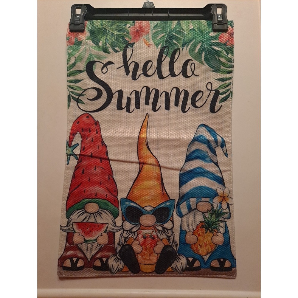 NEW 1pc Double Sided Hello Summer 3 Gnomes With Fruit & Drinks Garden Flag 12x18